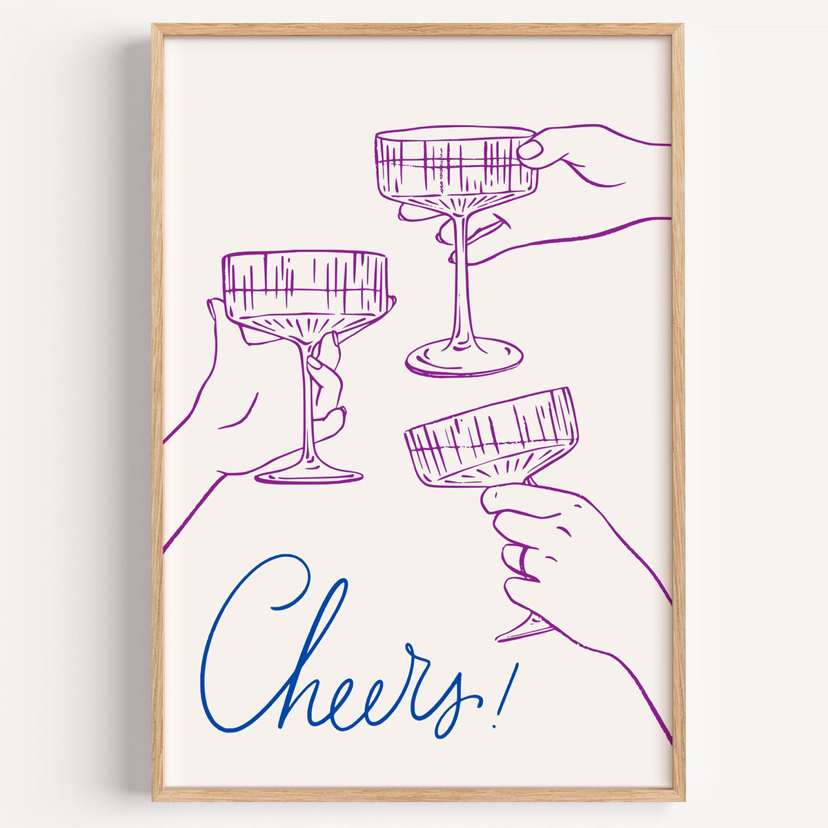 Cheers purple coupe glasses print in a light oak frame on a plain white wall