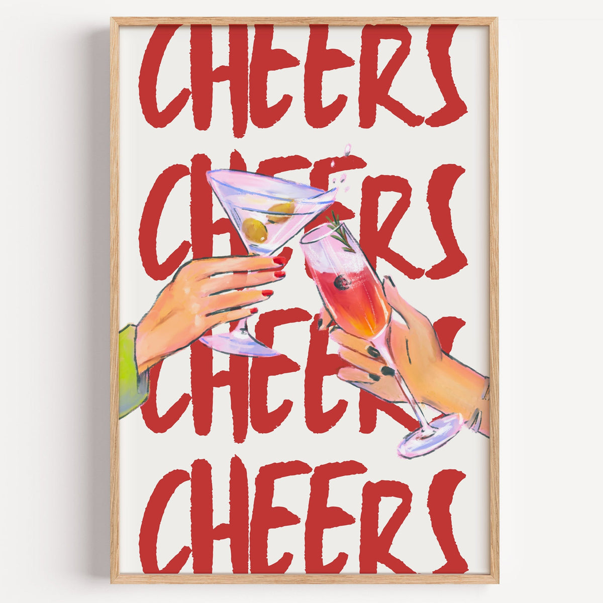 Cheers repeat type martini print in a light oak frame on a plain white wall