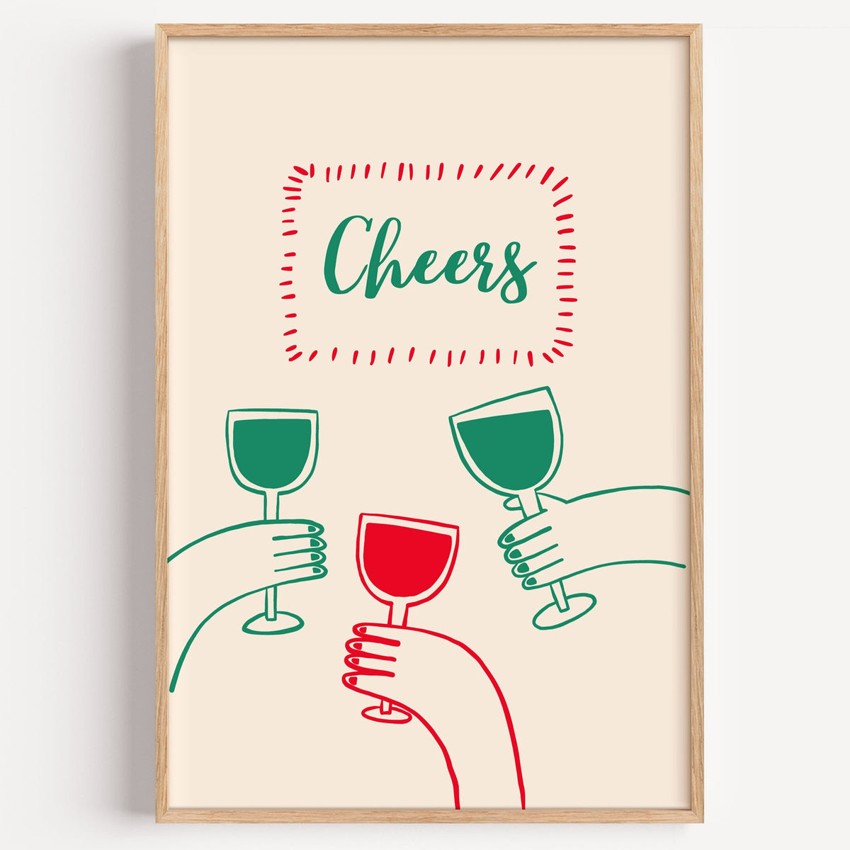 Cheers three hands wine toast line print in a light oak frame on a plain white wall