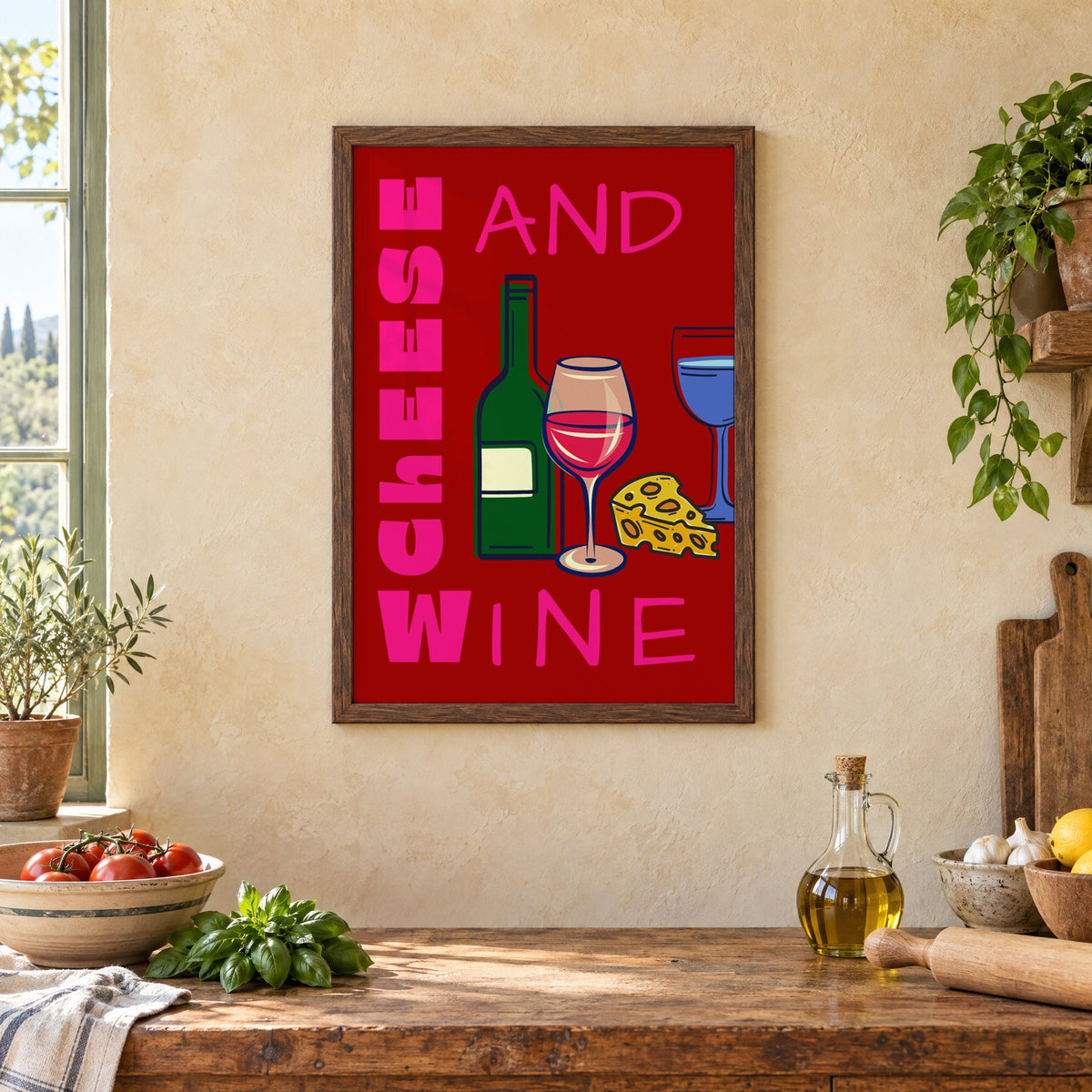 Cheese and wine bold red pink print in a walnut frame above a rustic Italian kitchen table with tomatoes