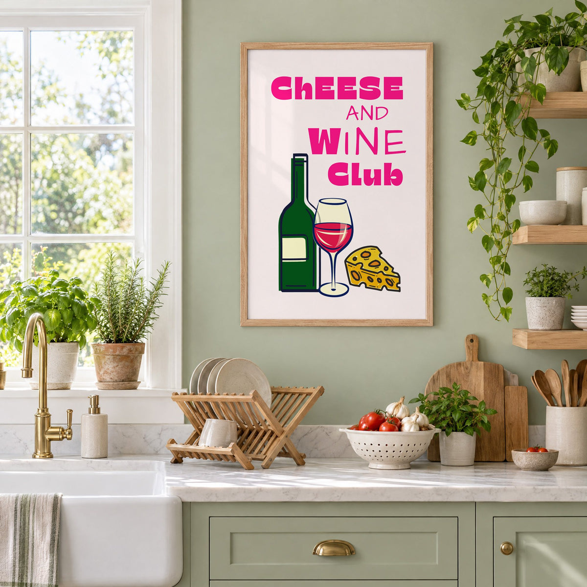 Cheese and Wine Club bottle print in an oak frame on a sage green kitchen wall beside a farmhouse sink and herbs