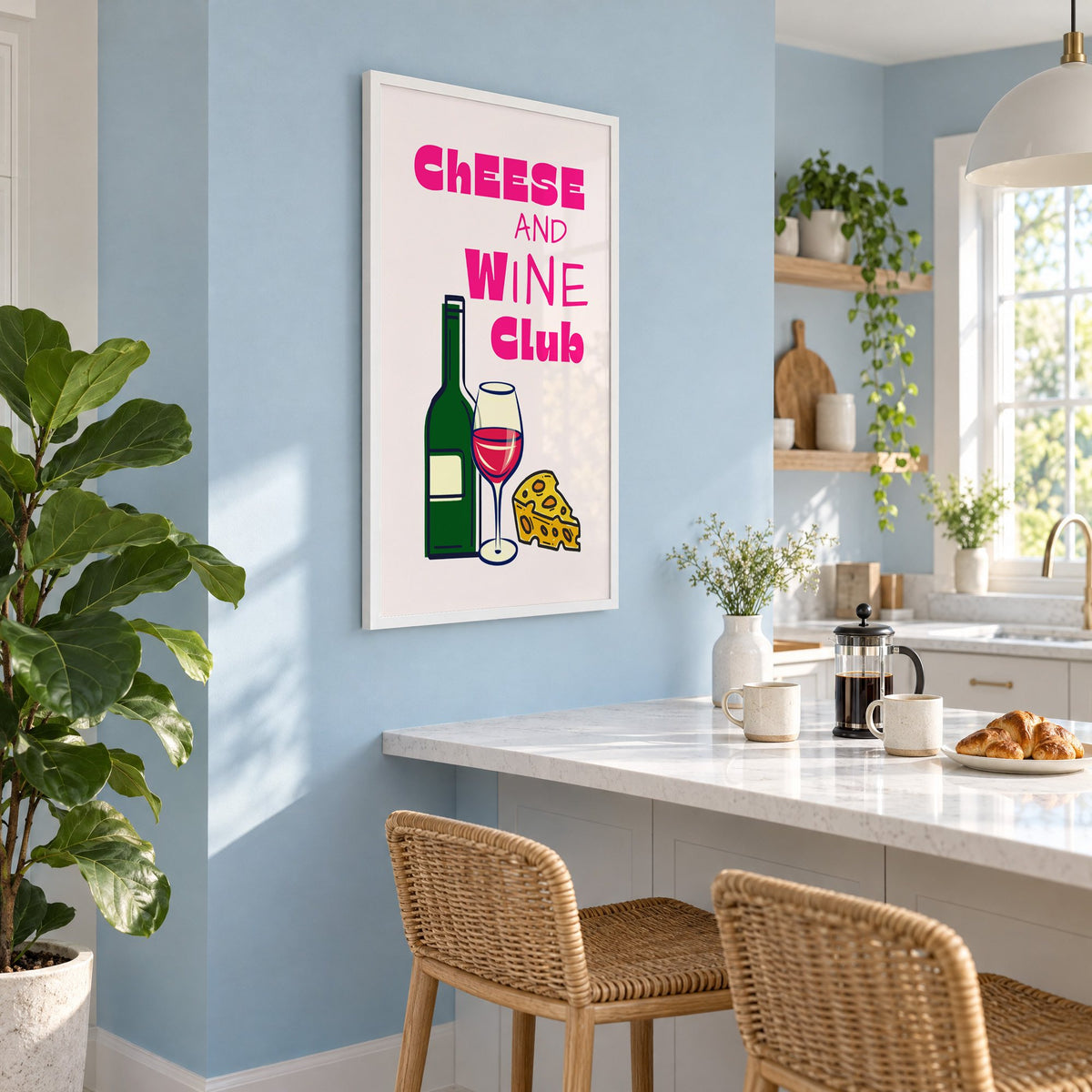 Cheese and Wine Club bottle print in a white frame on a pale blue wall above a breakfast bar with rattan stools