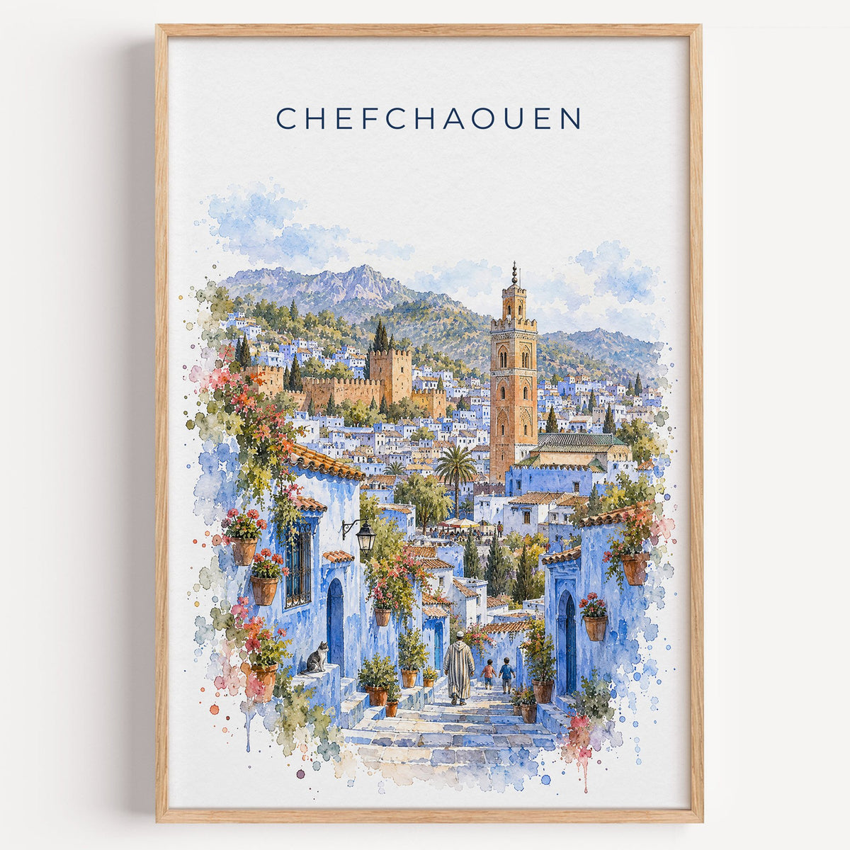 Chefchaouen watercolor print in a light oak frame on a plain white wall