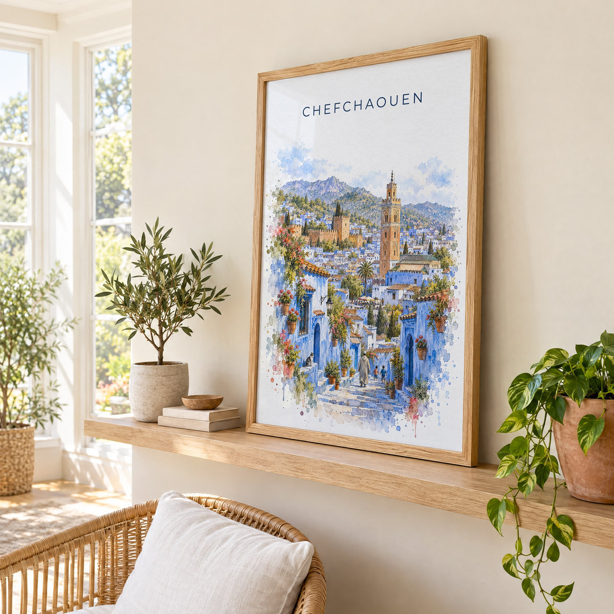 Chefchaouen watercolor print in an oak frame on a picture ledge in a sunlit sunroom