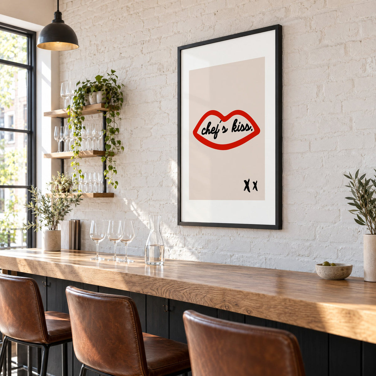 Chef's kiss red lips outline print in a black frame on a white brick wall above a wine bar counter