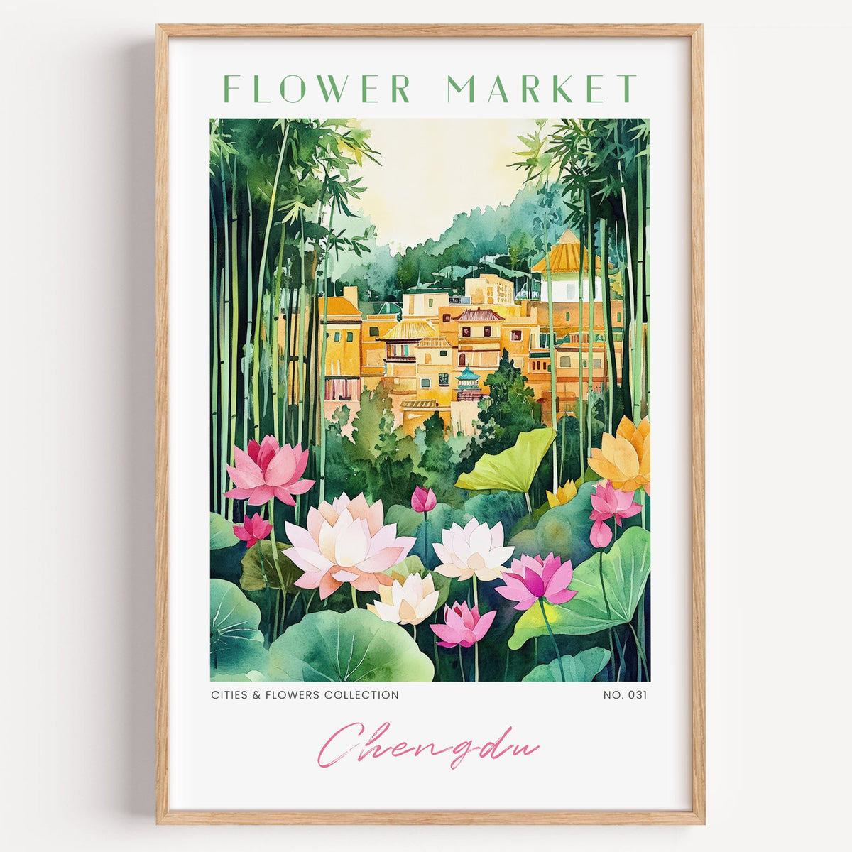 Chengdu flower market print in a light oak frame on a plain white wall
