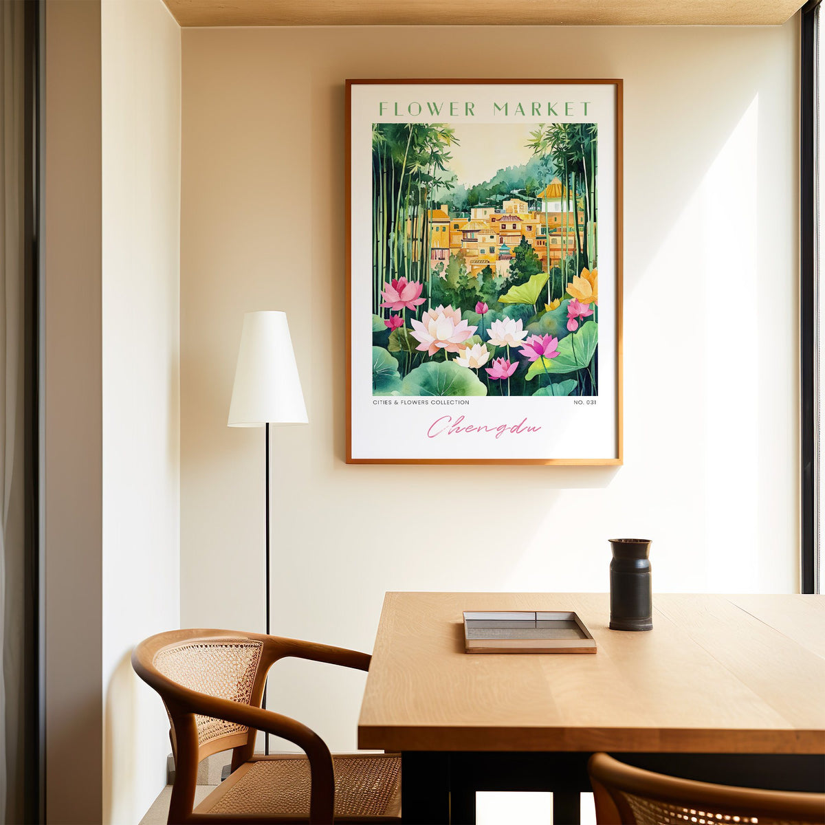 Chengdu flower market print in an oak frame above a dining table and cane chair