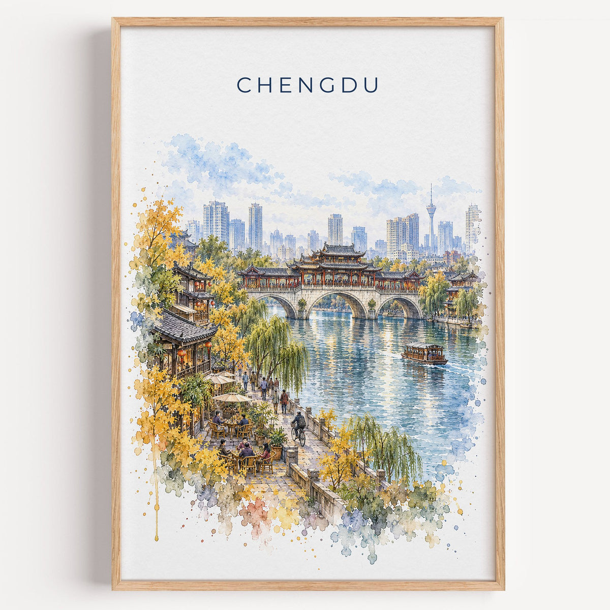 Chengdu watercolor print in a light oak frame on a plain white wall
