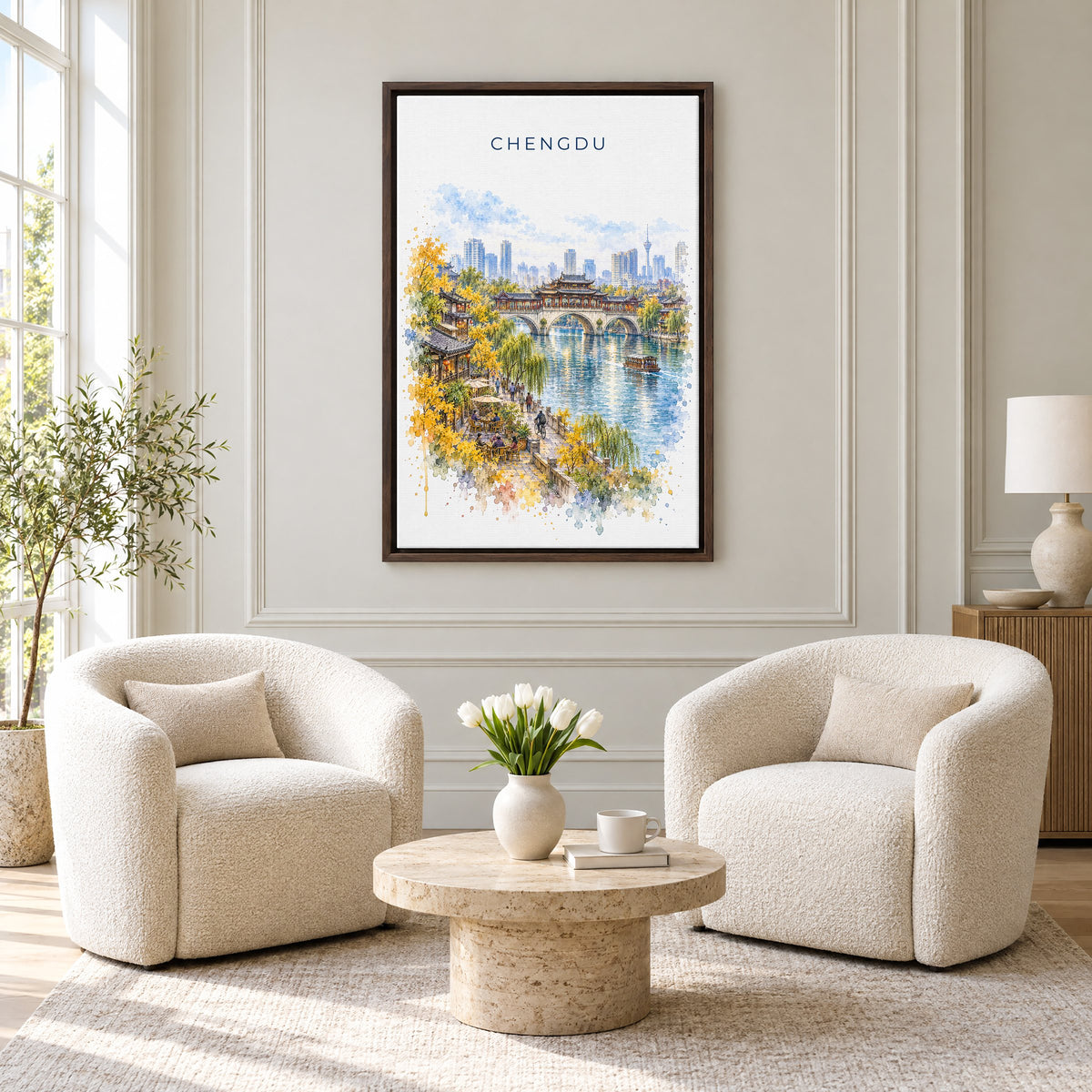 Chengdu watercolor print as an espresso floater canvas above two boucle armchairs in a hotel lounge