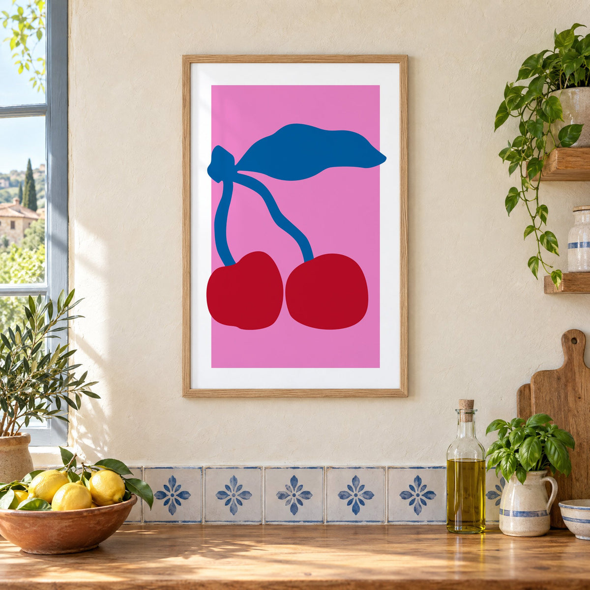 giant red cherries cobalt leaf hot pink print in an oak frame on a cream plaster wall above a worktop with a bowl of lemons and blue-and-white tiles