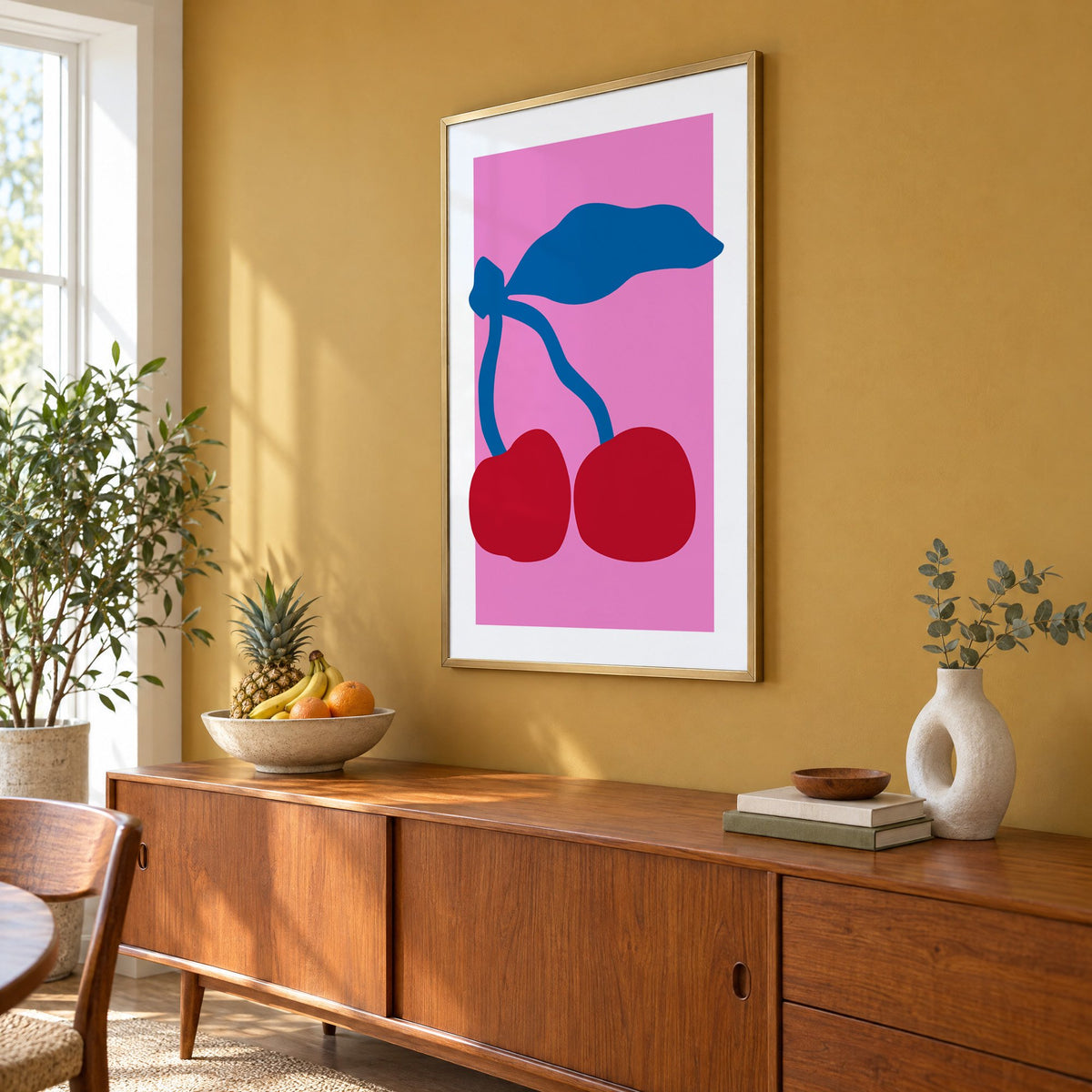 giant red cherries cobalt leaf hot pink print in a brass frame on a mustard wall above a teak sideboard with a fruit bowl, seen at an angle