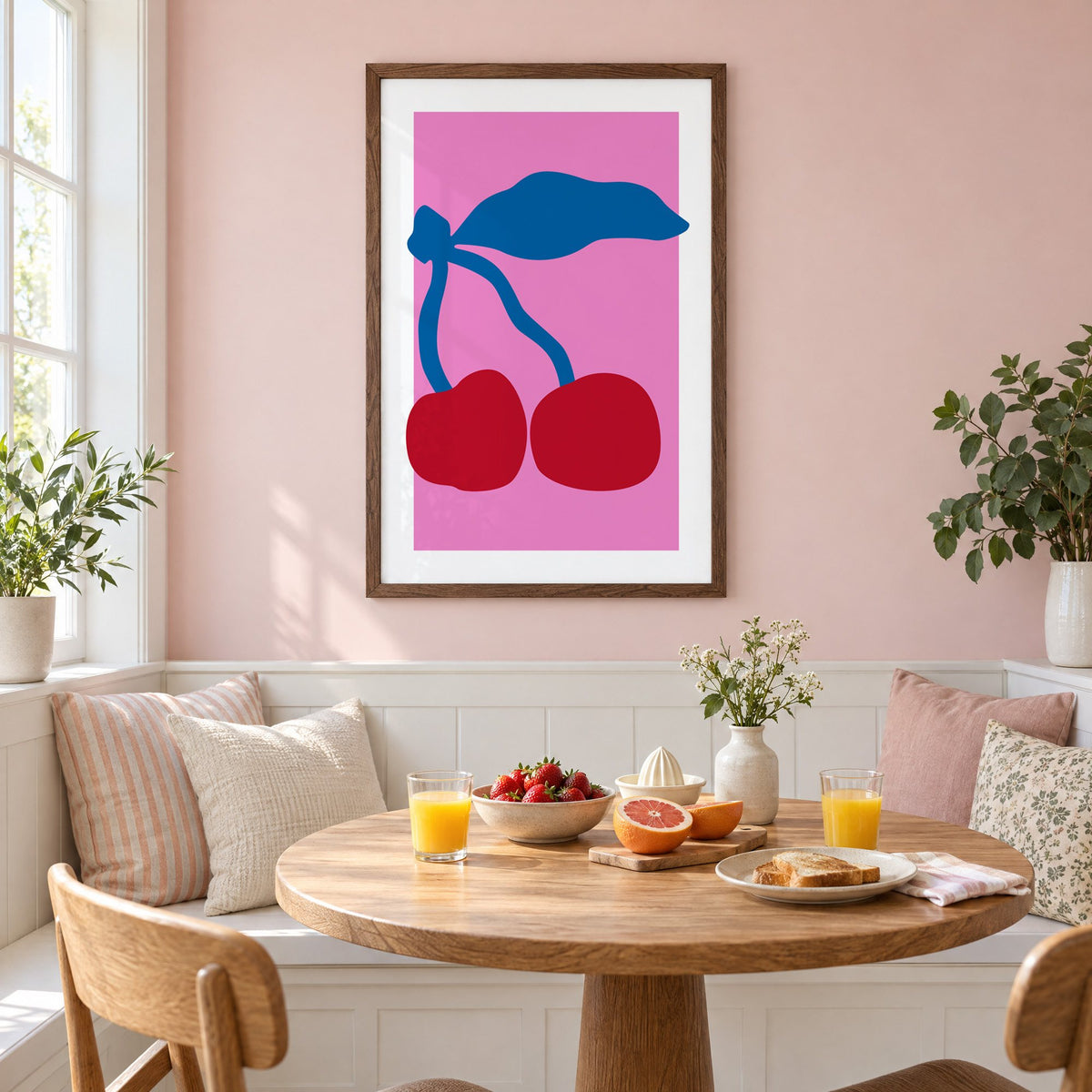 giant red cherries cobalt leaf hot pink print in a walnut frame on a pastel pink wall above a breakfast nook with strawberries and orange juice