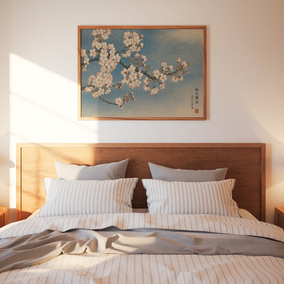 Cherry blossom branch on a blue sky print in a warm wood frame above a bed with striped linen bedding