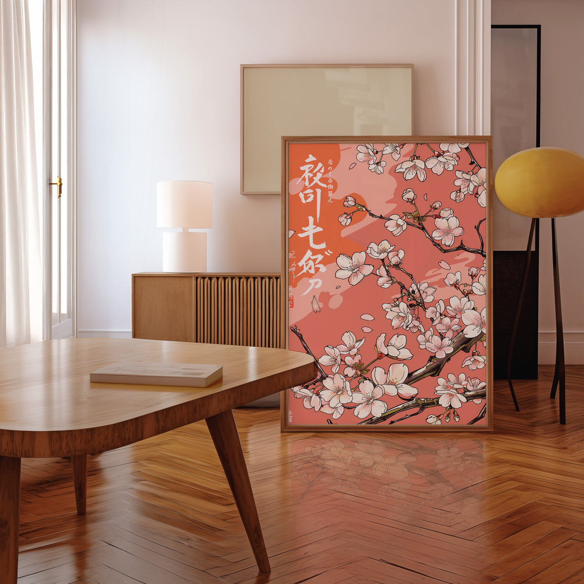 Cherry blossom branch on coral print in a walnut frame leaning in a mid-century living room