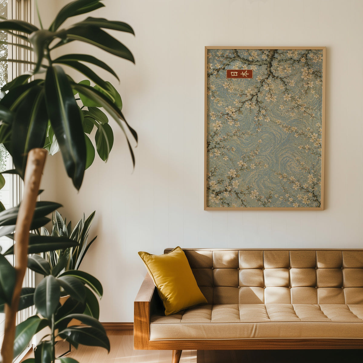 Cherry blossoms blue sky poster in an oak frame above a tan tufted leather sofa with a mustard cushion
