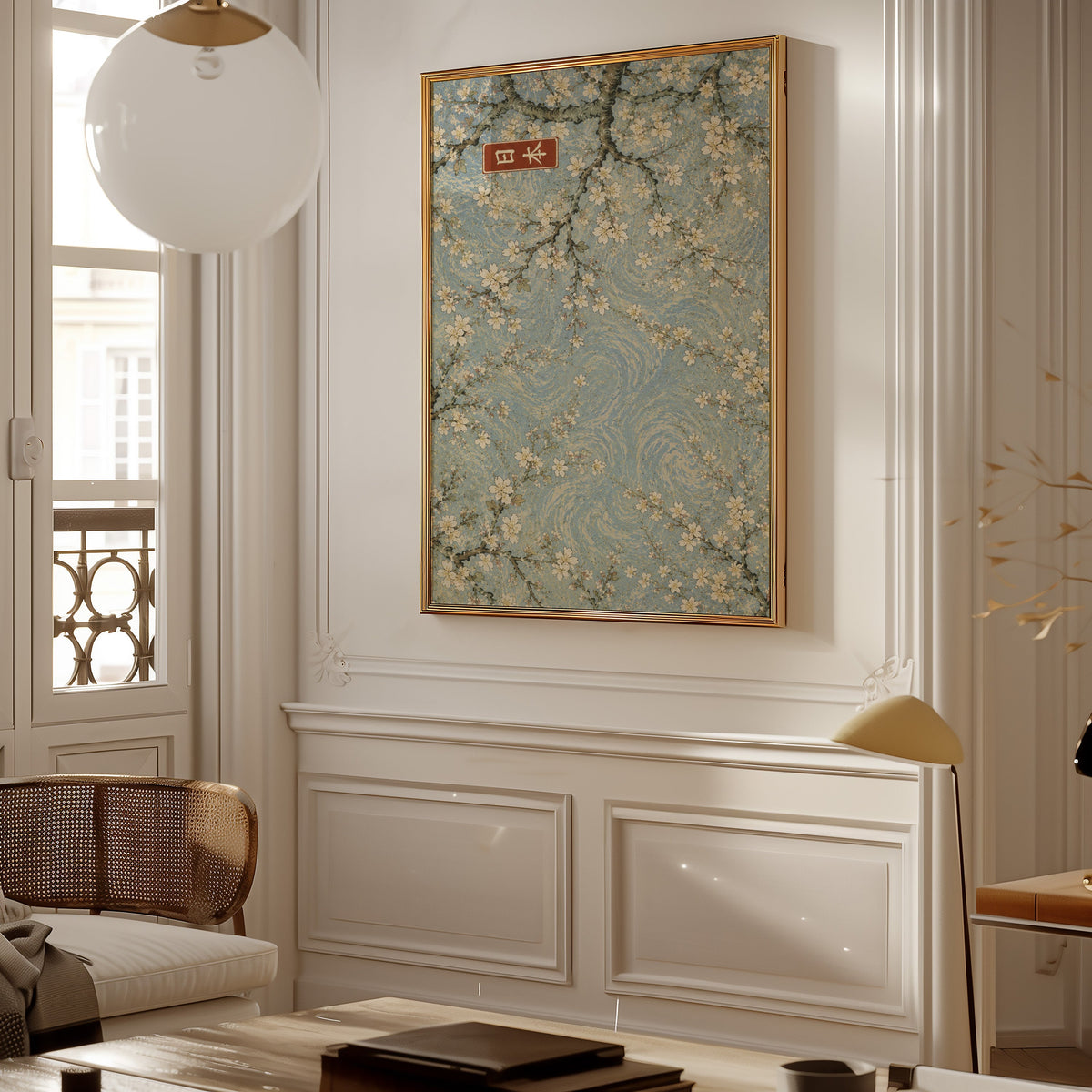 Cherry blossoms blue sky poster shown in a gold frame on a paneled wall in a Parisian-style living room