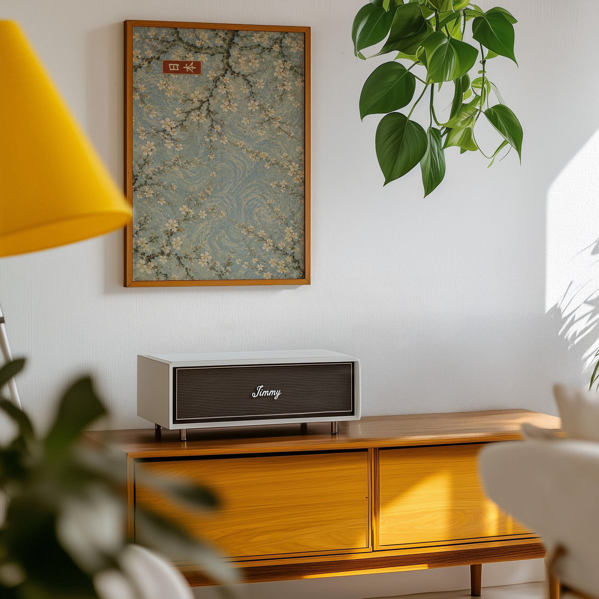 Cherry blossoms blue sky poster in an oak frame above a teak mid-century sideboard with trailing pothos