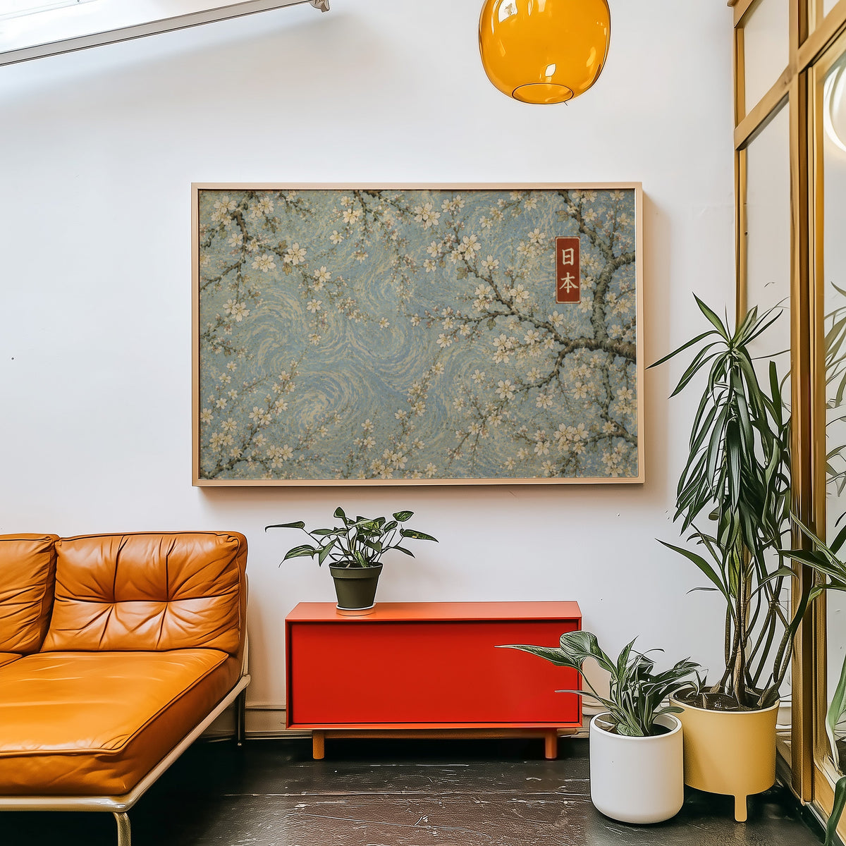 Cherry blossoms on a blue swirl sky print in a light wood frame above a red cabinet beside a tan leather daybed