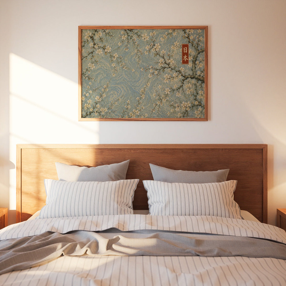 Cherry blossoms on a blue swirl sky print in a warm wood frame above a bed with striped linen bedding