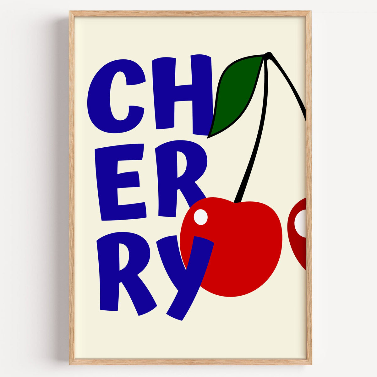 Cherry bold navy letters print in a light oak frame on a plain white wall
