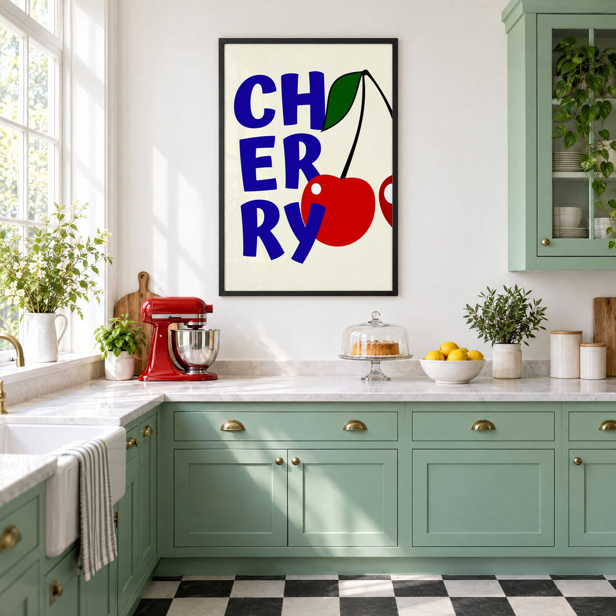 Cherry bold navy letters print in a black frame in a mint green retro kitchen above a red stand mixer