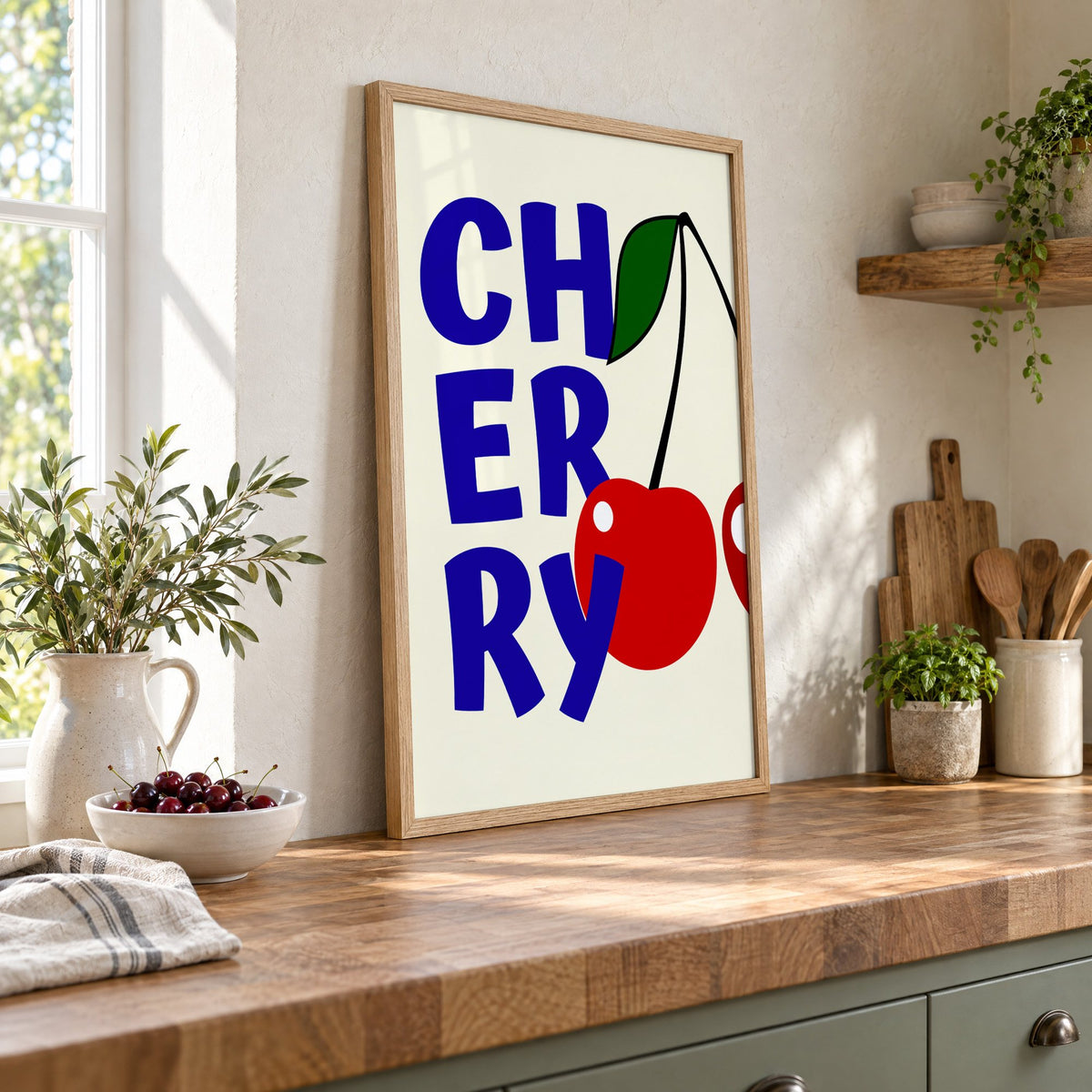 Cherry bold navy letters print in an oak frame leaning on a butcher block island beside a bowl of cherries