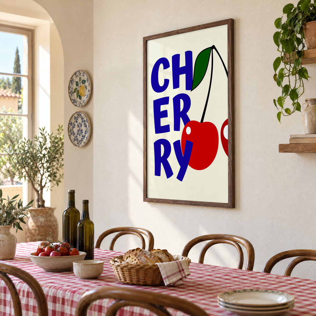 Cherry bold navy letters print in a walnut frame above a gingham-covered trattoria table, seen at an angle