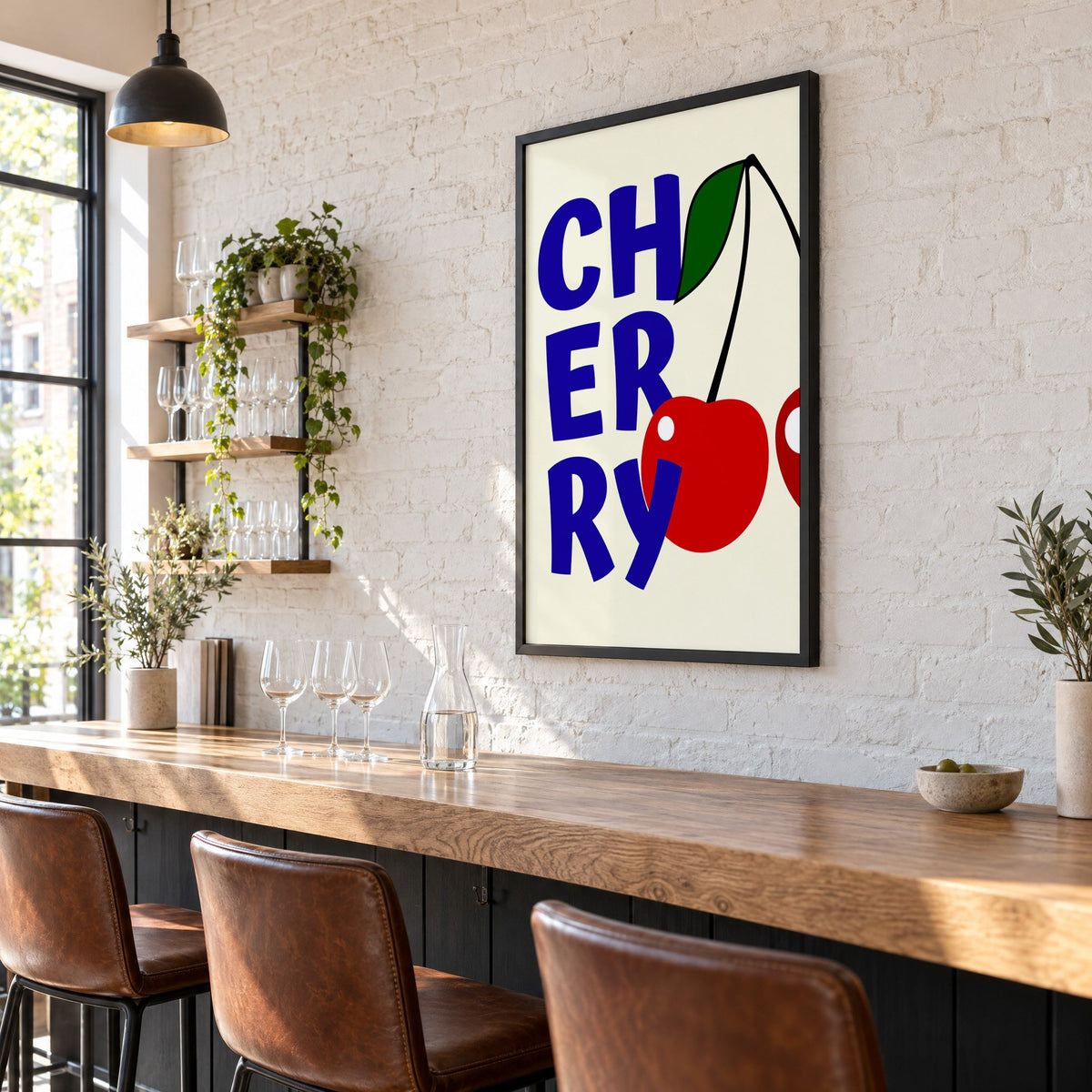 Cherry bold navy letters print in a black frame on a white brick wall above a wine bar counter