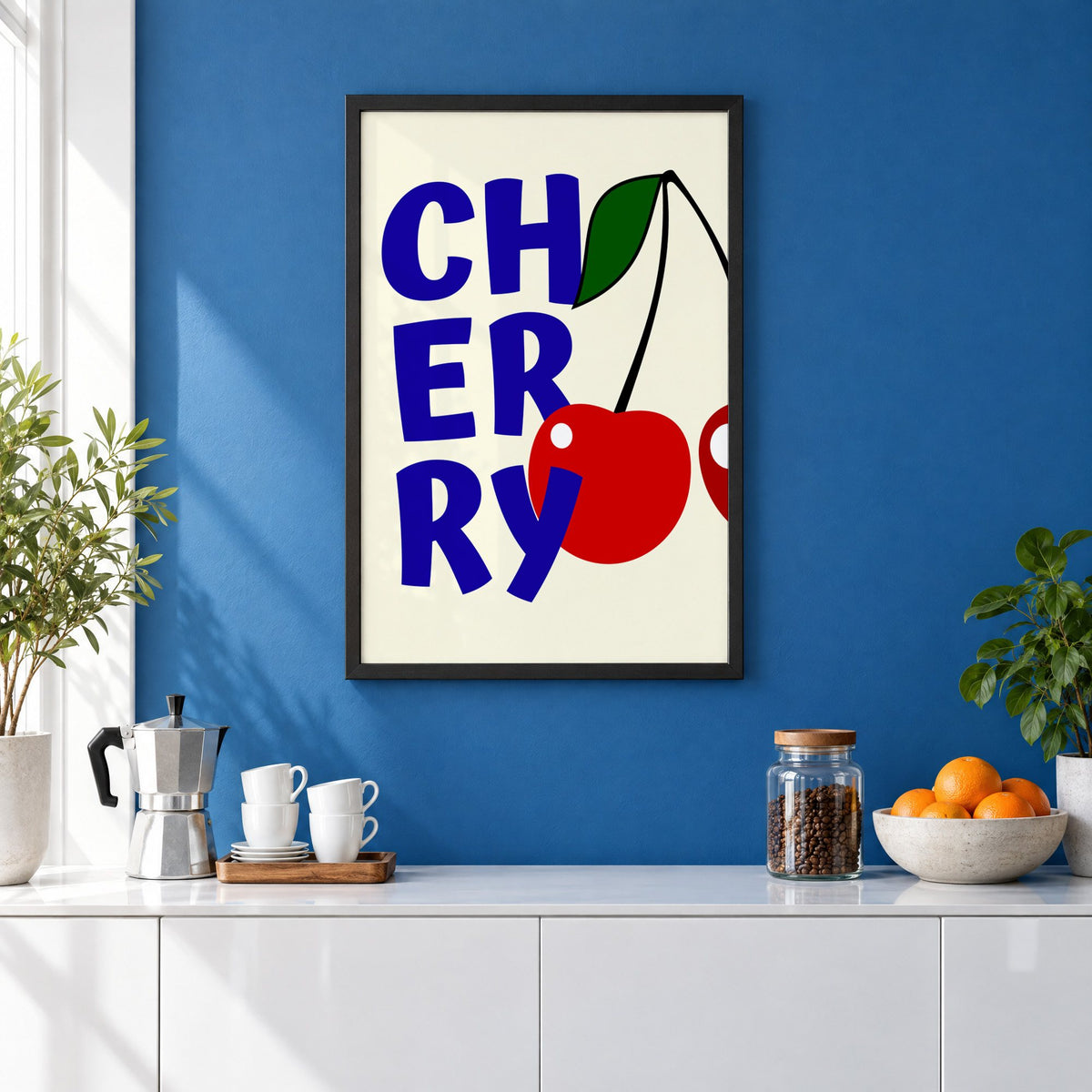 Cherry bold navy letters print in a black frame on a cobalt blue wall above a coffee station