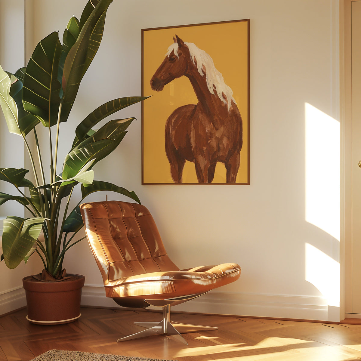 Horse with flaxen mane print in a slim walnut frame above a tan leather lounge chair