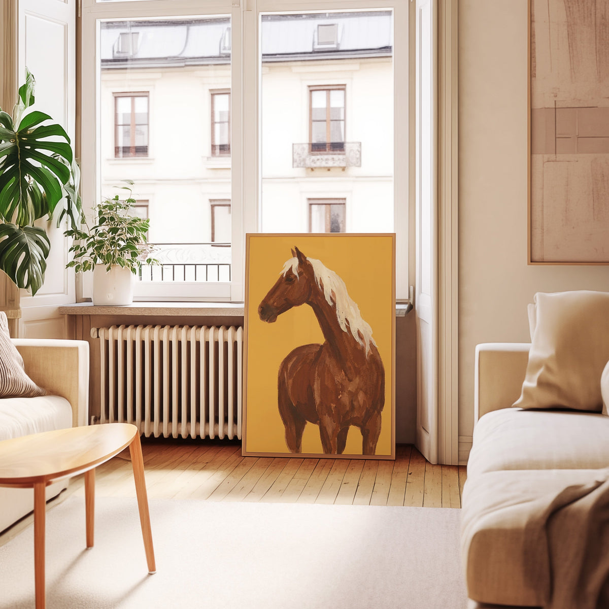 Mustard yellow horse print in an oak frame leaning below tall French windows