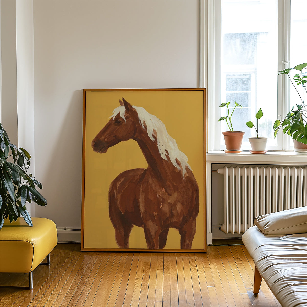 Brown horse wall art print in an oak frame leaning beside a yellow leather bench