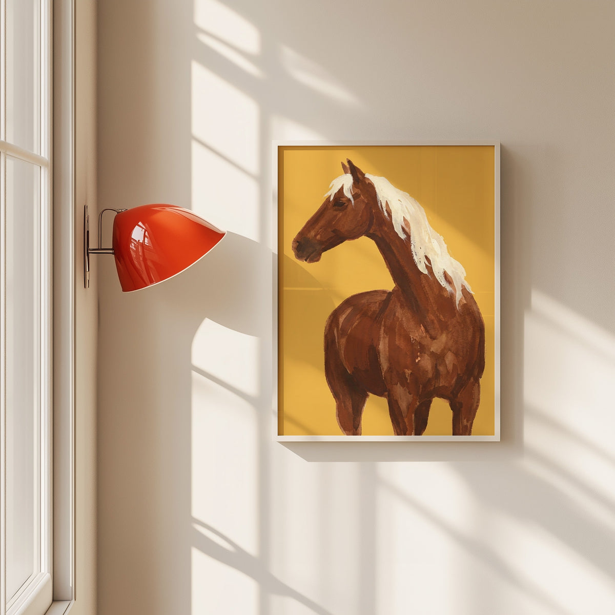 Chestnut horse watercolor print in a white frame beside a red wall sconce