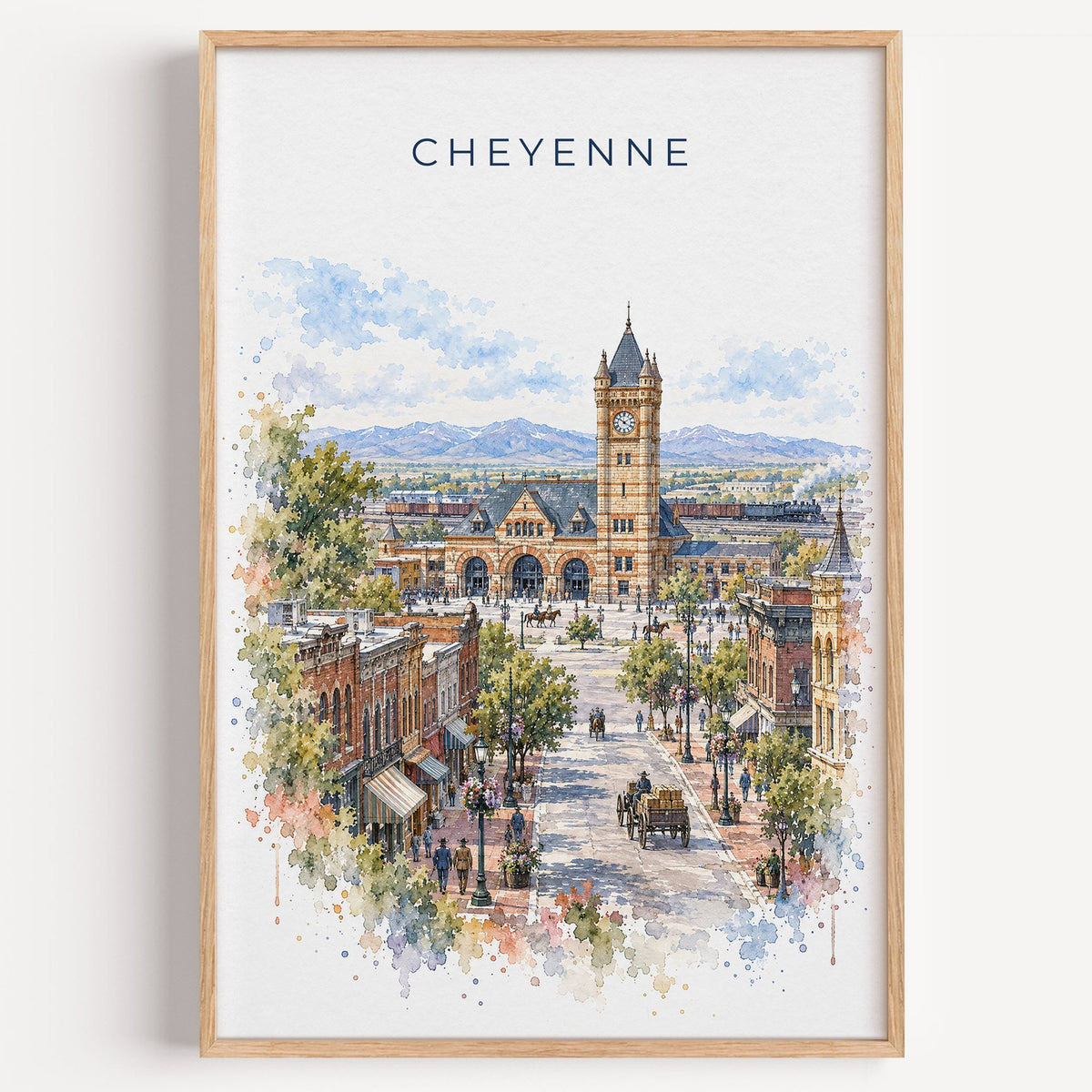 Cheyenne watercolor print in a light oak frame on a plain white wall