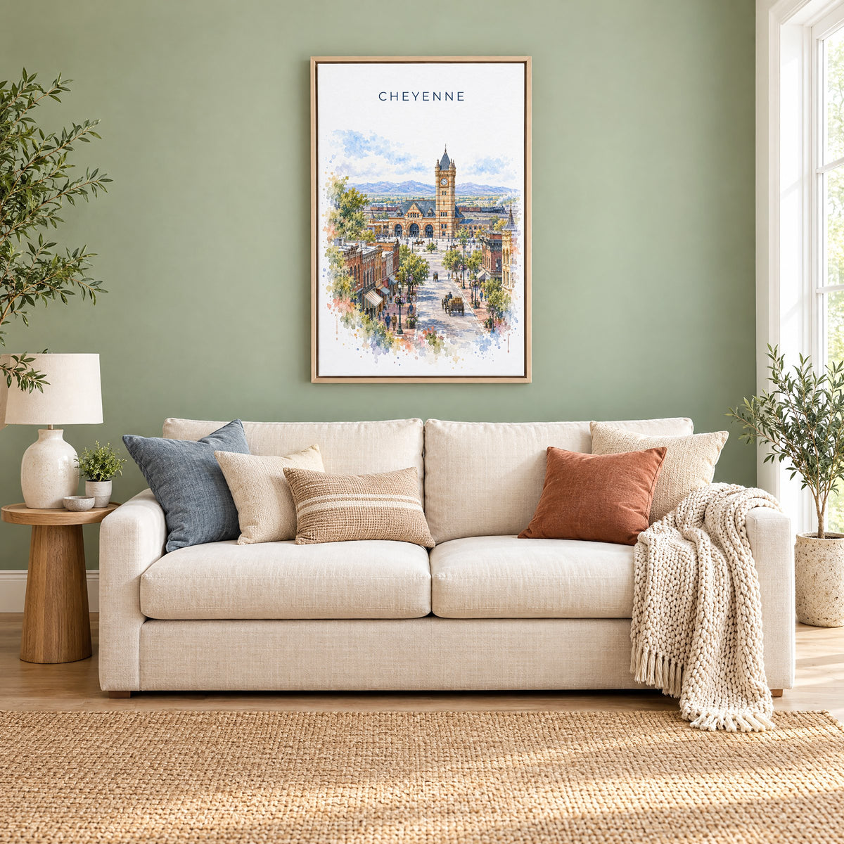 Cheyenne watercolor print as a natural floater canvas above a cream linen sofa on a sage green wall