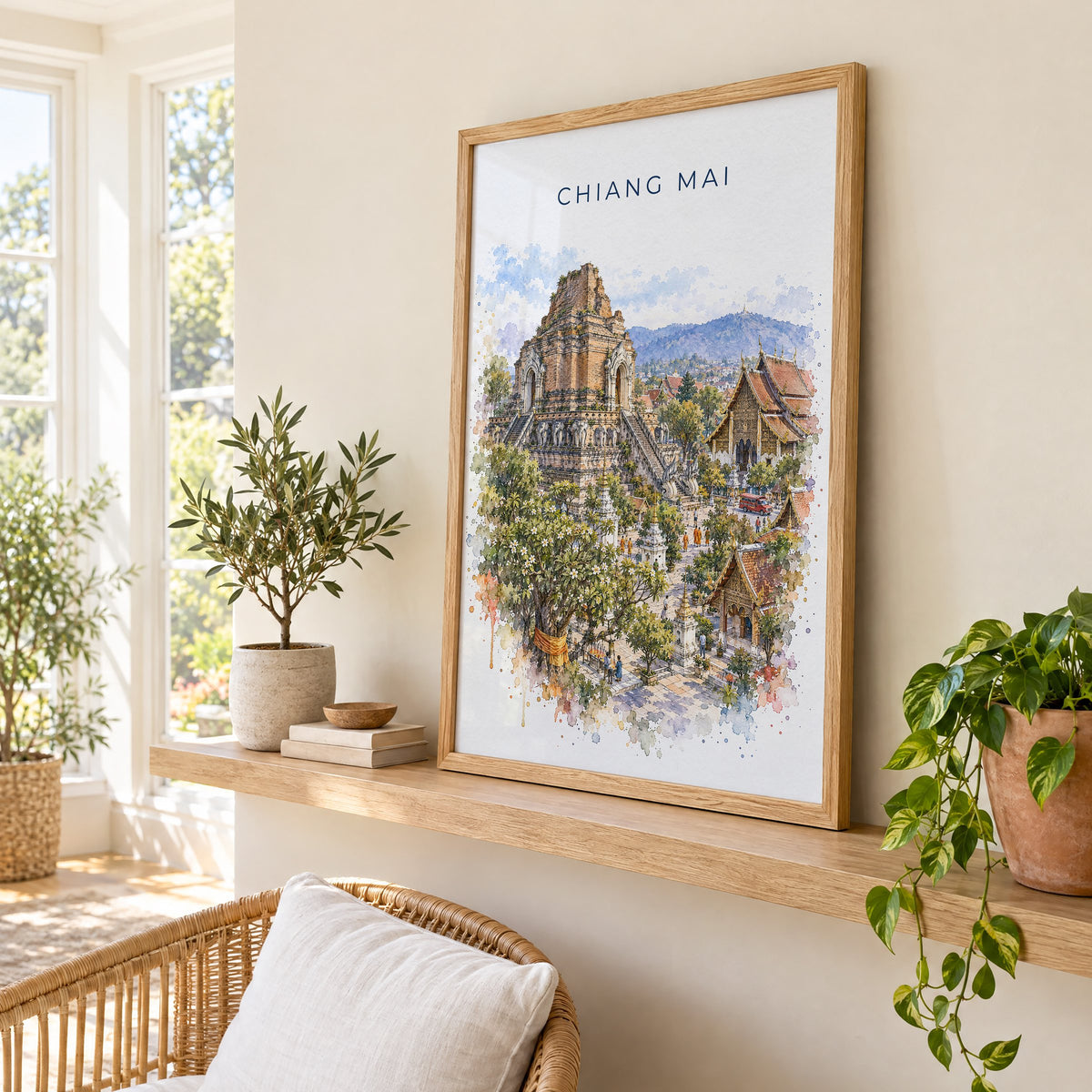 Chiang Mai watercolor print in an oak frame on a picture ledge in a sunlit sunroom