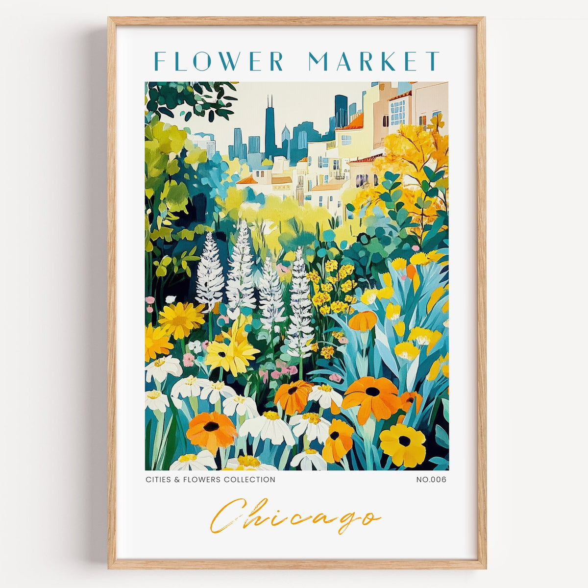 Chicago flower market print in a light oak frame on a plain white wall