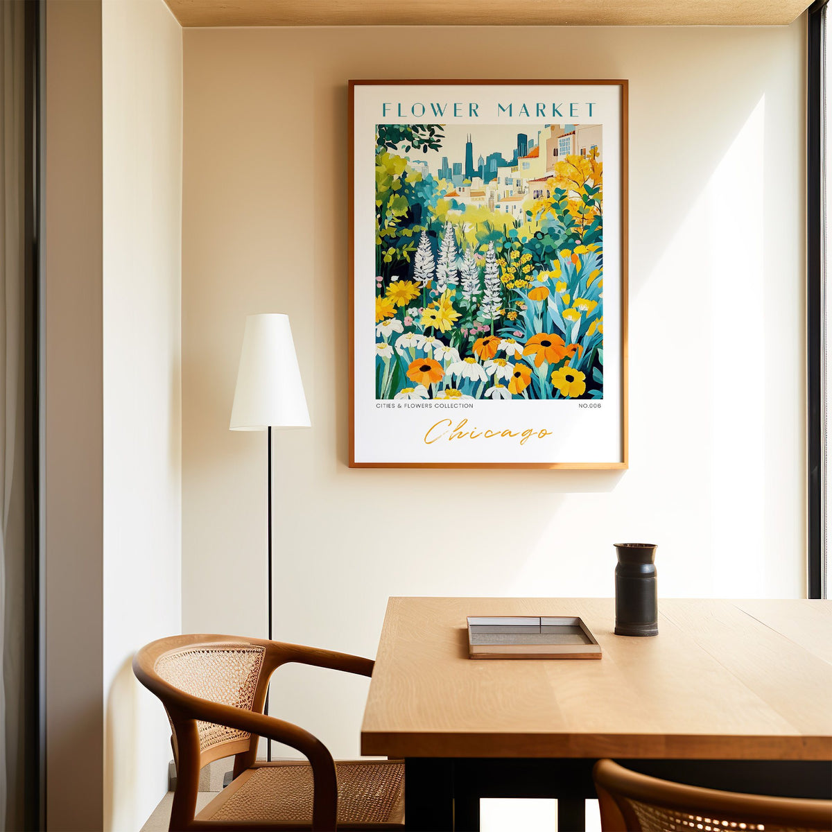 Chicago flower market print in an oak frame above a dining table and cane chair