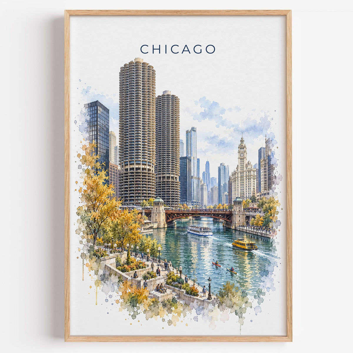 Chicago Riverwalk watercolor print in a light oak frame on a plain white wall