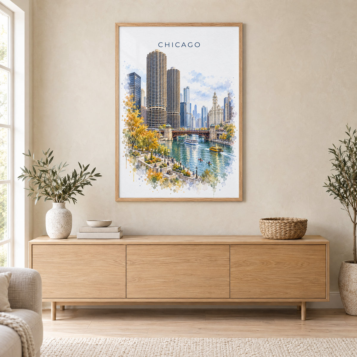 Chicago Riverwalk watercolor print in an oak frame above a light wood sideboard in a Scandinavian living room