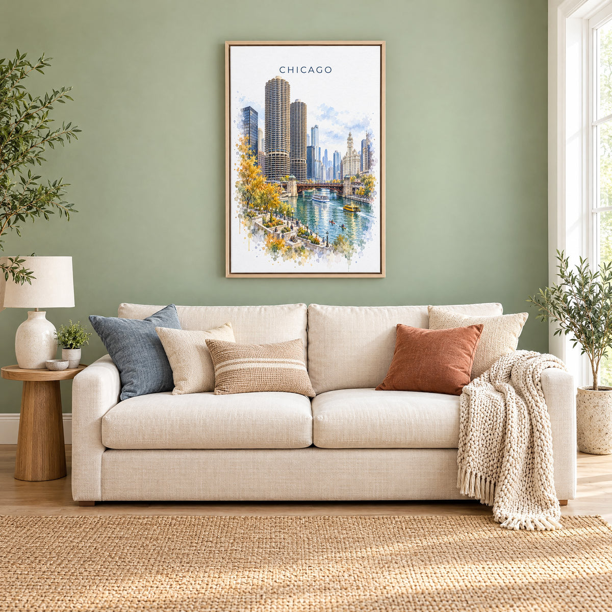 Chicago Riverwalk watercolor print as a natural floater canvas above a cream linen sofa on a sage green wall