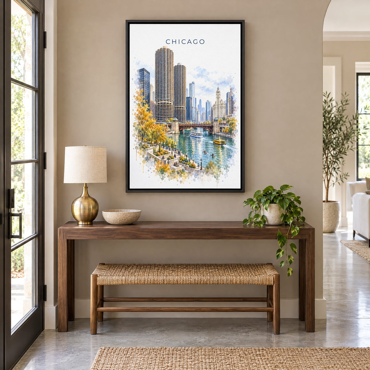 Chicago Riverwalk watercolor print as a black floater canvas above a walnut console and woven bench in an entryway