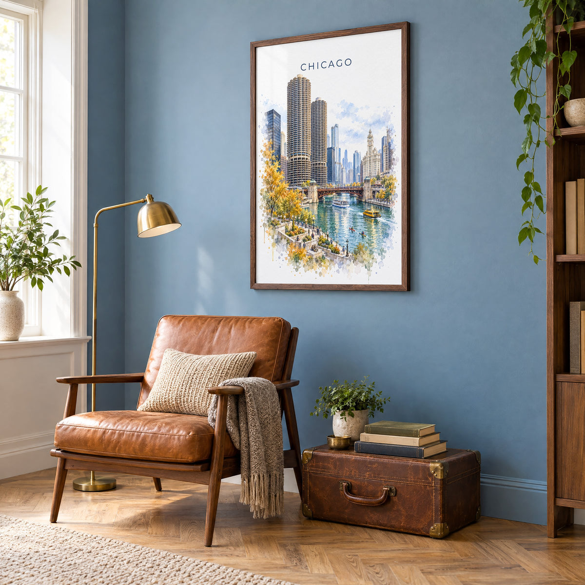 Chicago Riverwalk watercolor print in a walnut frame on a blue wall above a leather armchair in a reading nook