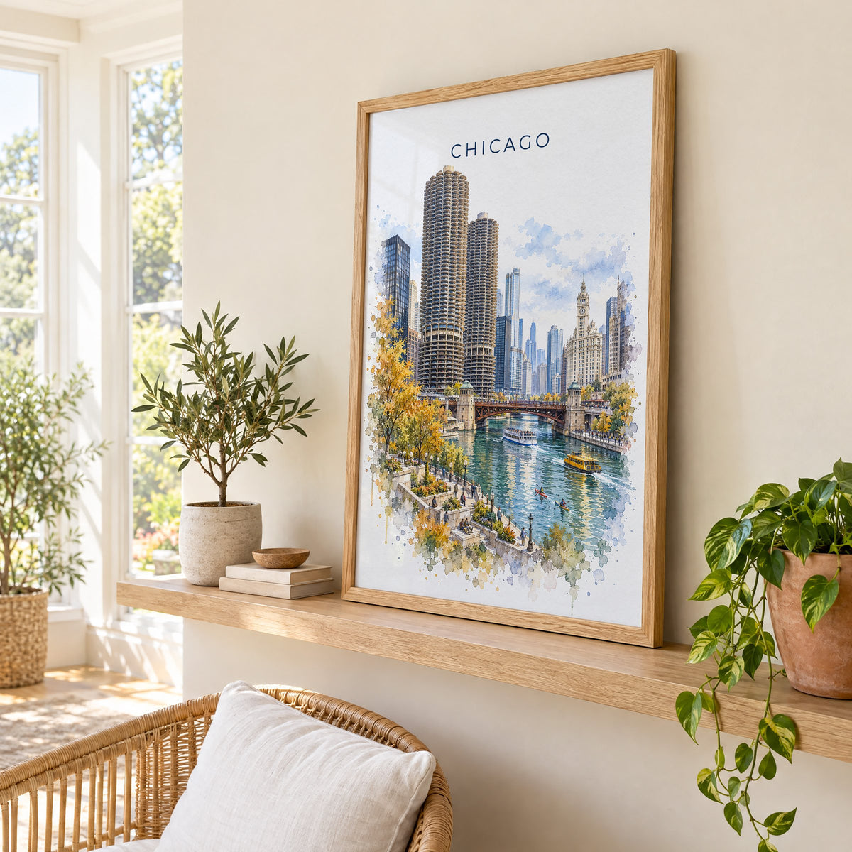 Chicago Riverwalk watercolor print in an oak frame on a picture ledge in a sunlit sunroom