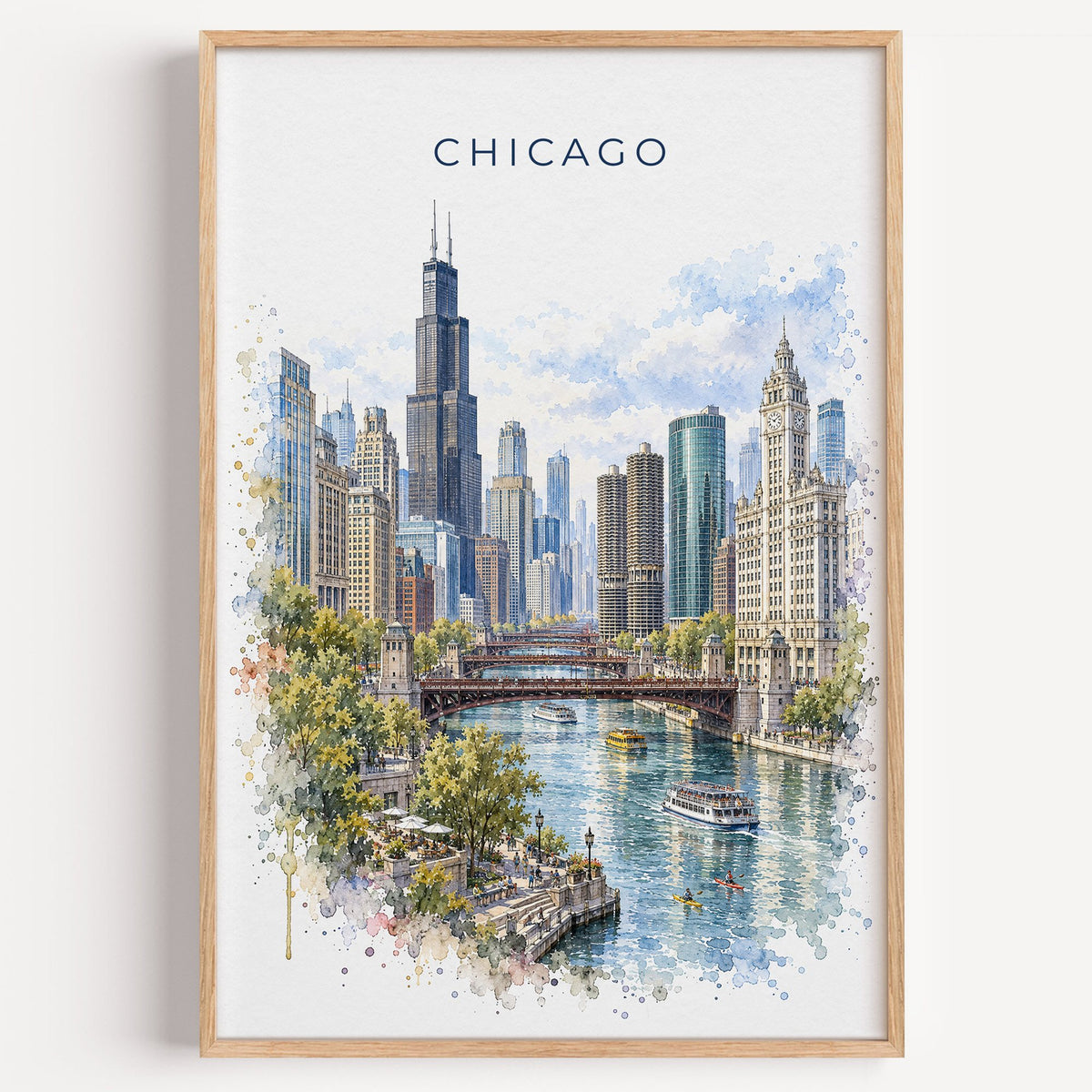 Chicago watercolor print in a light oak frame on a plain white wall