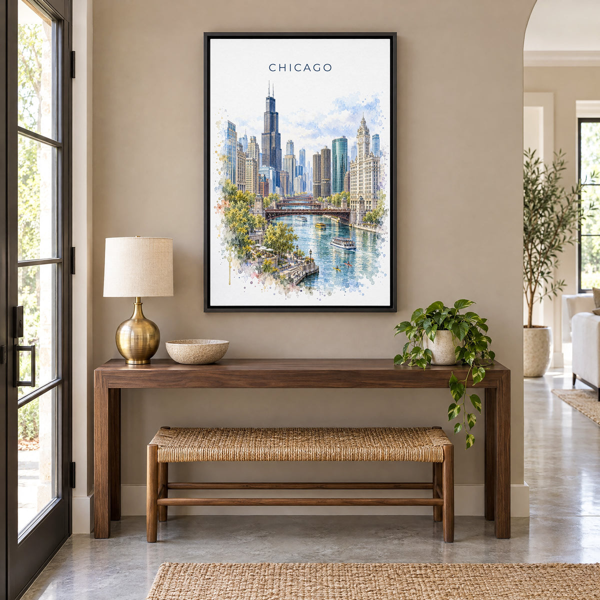 Chicago watercolor print as a black floater canvas above a walnut console and woven bench in an entryway
