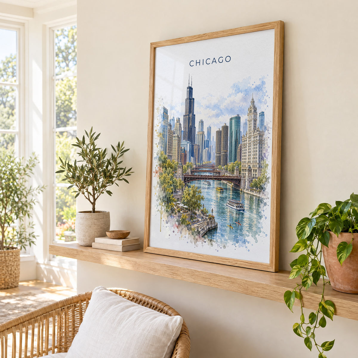 Chicago watercolor print in an oak frame on a picture ledge in a sunlit sunroom