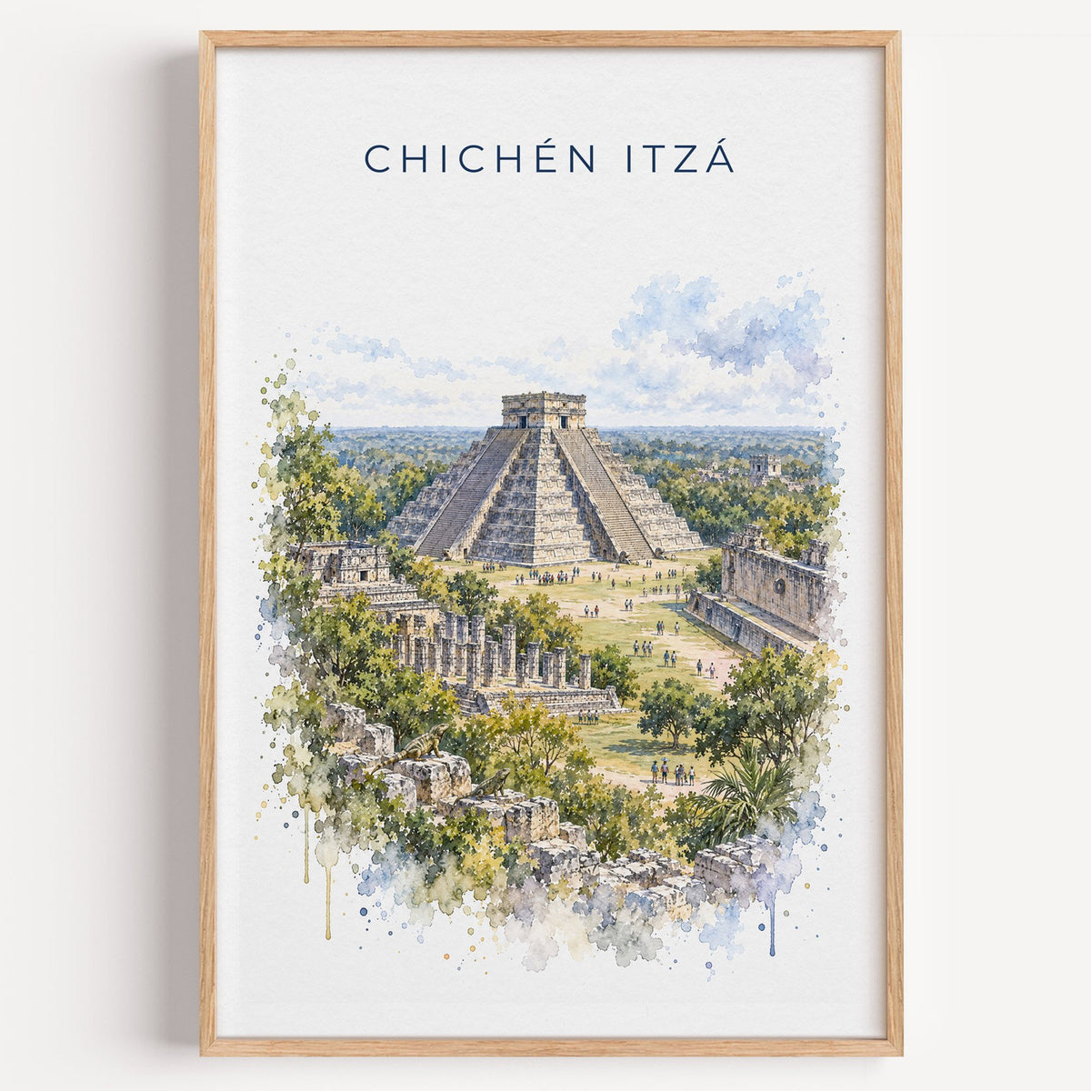Chichen Itza watercolor print in a light oak frame on a plain white wall