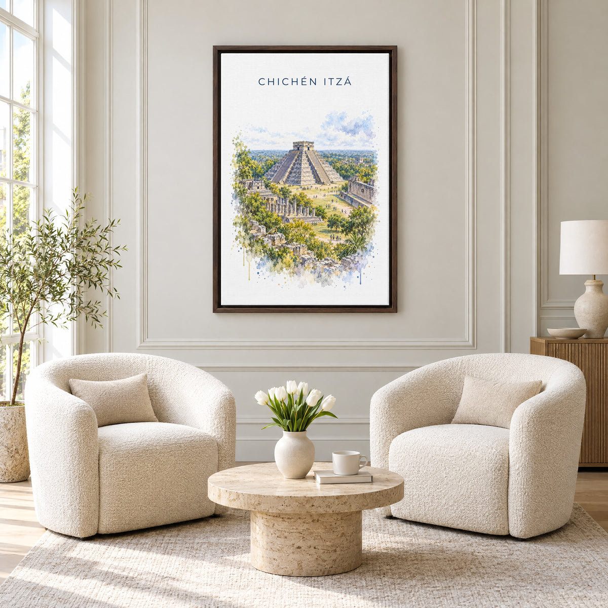 Chichen Itza watercolor print as an espresso floater canvas above two boucle armchairs in a hotel lounge