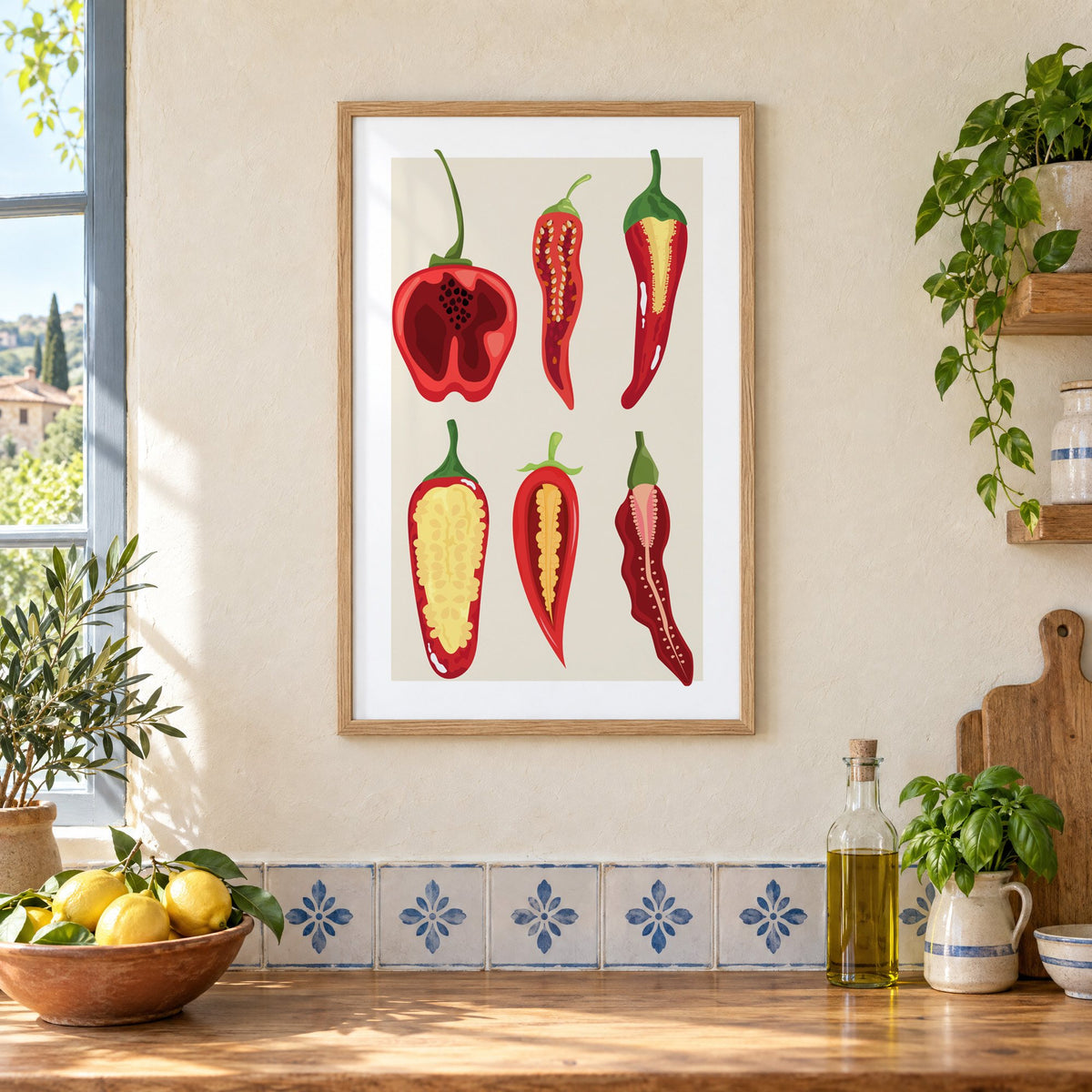 six sliced chili pepper cross sections print in an oak frame on a cream plaster wall above a worktop with a bowl of lemons and blue-and-white tiles
